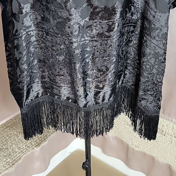 BASICALLY ME Black Fringed Semi‎ Sheer Velveteen Oversized Blouse S/M - Picture 3 of 9
